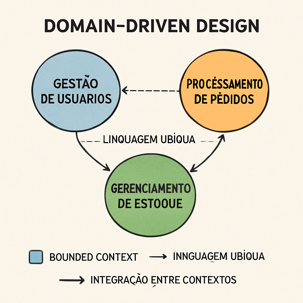 Representação visual de Contextos Delimitados em um sistema de Domain-Driven Design (DDD), mostrando as fronteiras de coerência.
